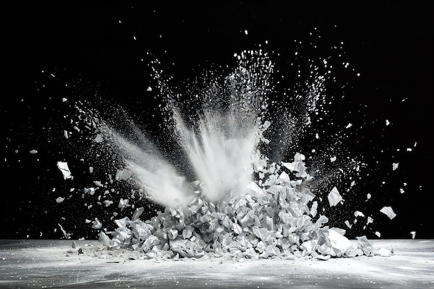 Photo pieces of ice on a black background with splashes of water and smoke