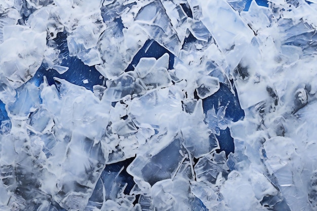 Pieces of ice on a blue background Closeup