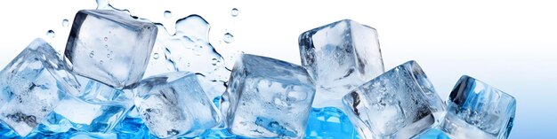 Pieces of ice and water on blue background