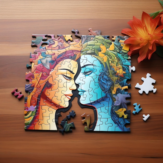 pieces of a jigsaw puzzle on a table sticker style forming faces of a couple