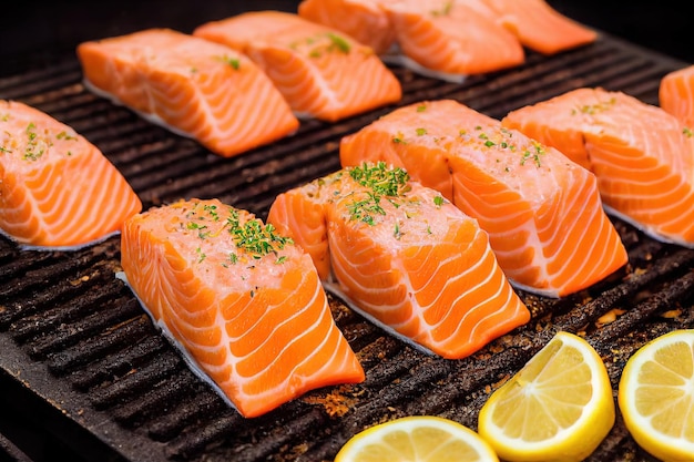 Pieces of juicy fresh salmon grilled in a skillet seasoned with lemon zest herbs and fresh lemon slices 3d illustration