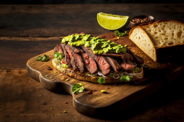 Pieces of juicy medium flank steak on wooden board with bread and sauce