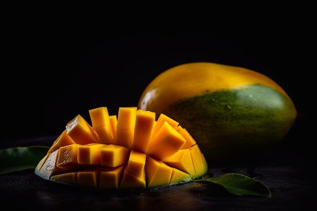 Pieces of juicy Thai mango on a black background Generative AI