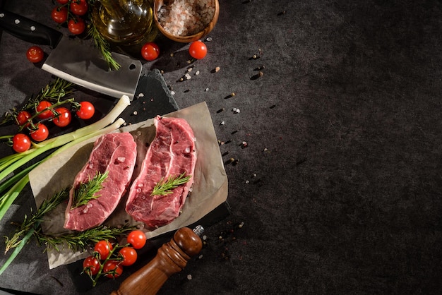 Pieces of marbled beef with ingredients for cooking