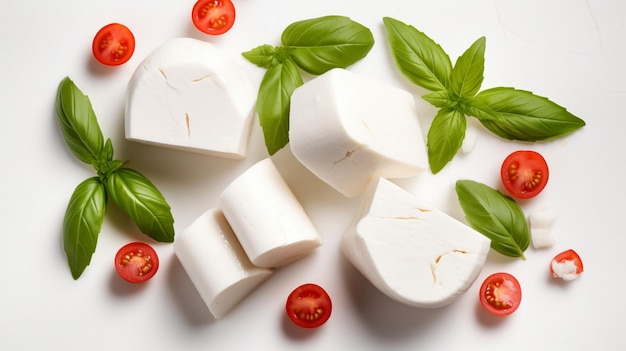 Pieces of mozzarella Buffalo cheese with basil leaves