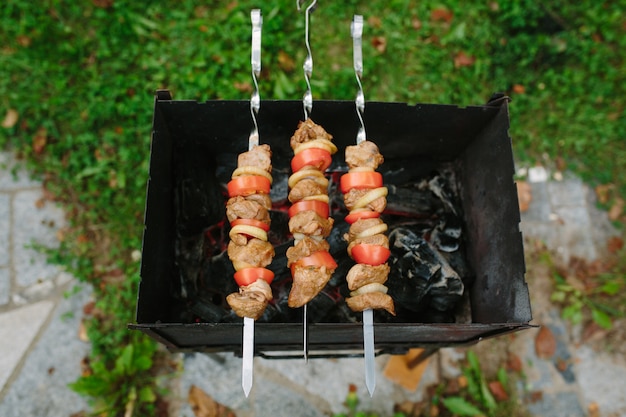 Кусочки сырого рубленого мяса с помидорами и луковыми кольцами