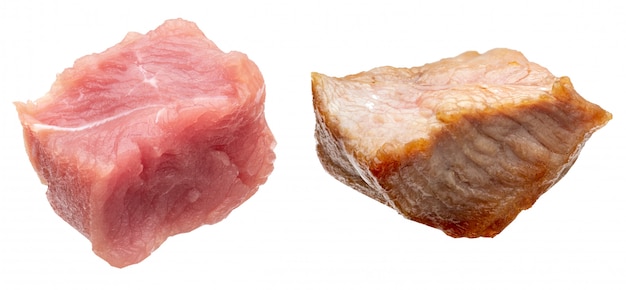 Pieces of raw and cooked turkey meat