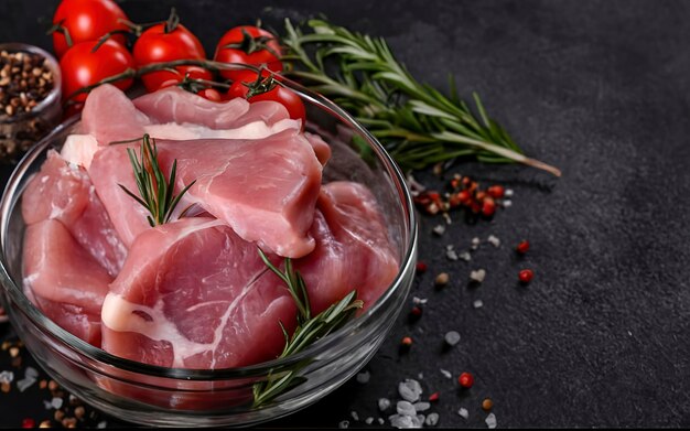 Pieces of raw pork in a glass bowl with tomatoes and rosemary Against a dark background