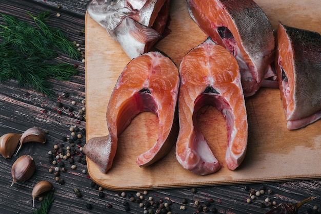 Pieces of red fish on the board