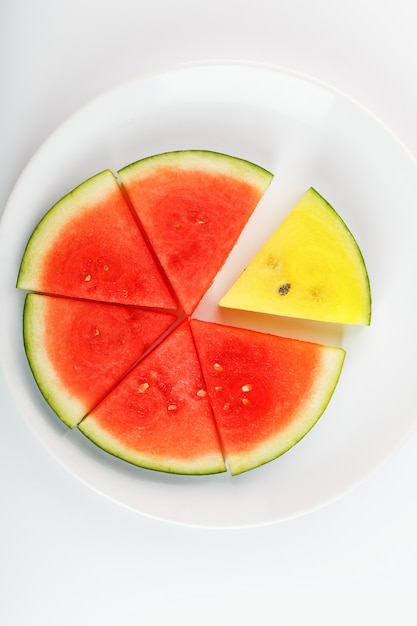 Pieces of red and yellow watermelon in a white round plate