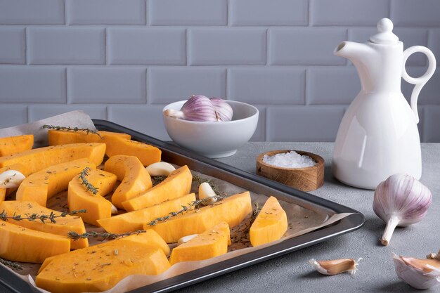 Pieces of ripe pumpkin prepared for baking