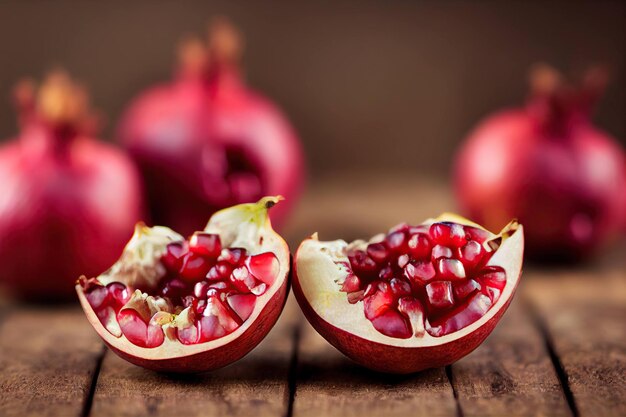 Pieces of ripe sweet pomegranate with grains and whole fruits on table