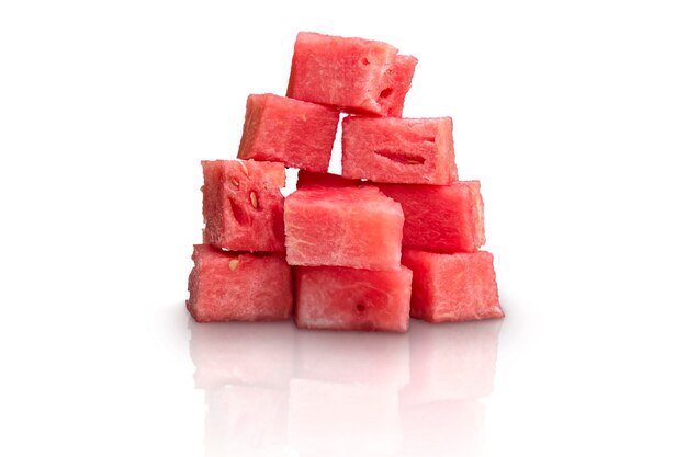 Pieces of ripe watermelon pulp are laid out in the form of a pyramid Isolation PSD