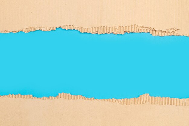 Pieces of ripped cardboard on a blue background with copy space