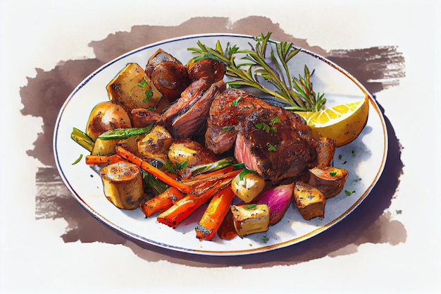 Pieces of roast meat with vegetables on plate AI generated