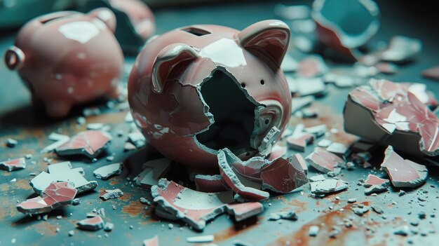 Photo pieces of a shattered piggy bank scattered on a table suggesting financial difficulties and the need for financial management