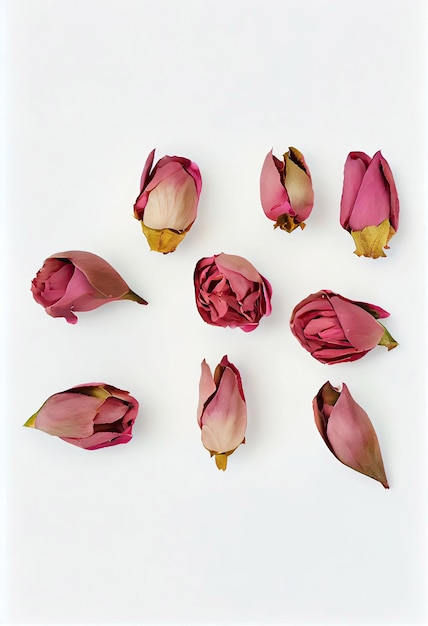 Pieces of small pink dried rose buds and petals as used in perfumery cosmetics or decorative element