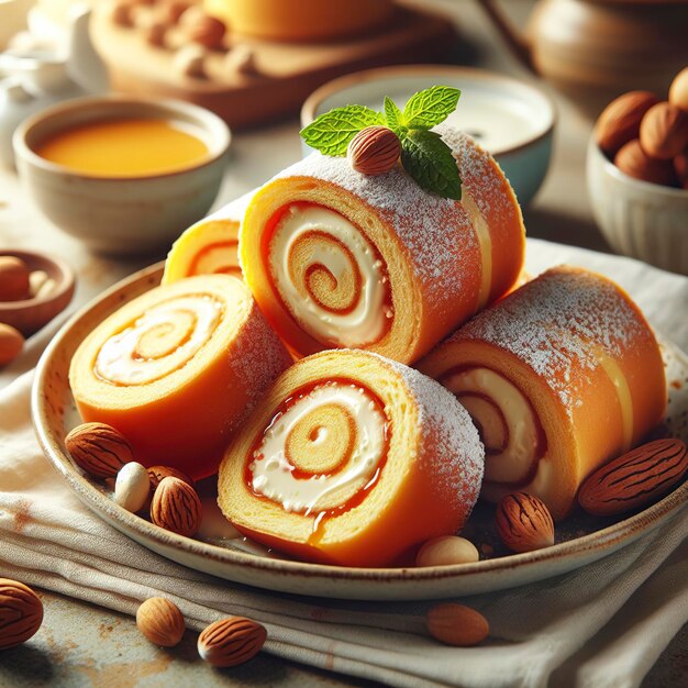 Pieces of sweet roll with cream filling on a plate