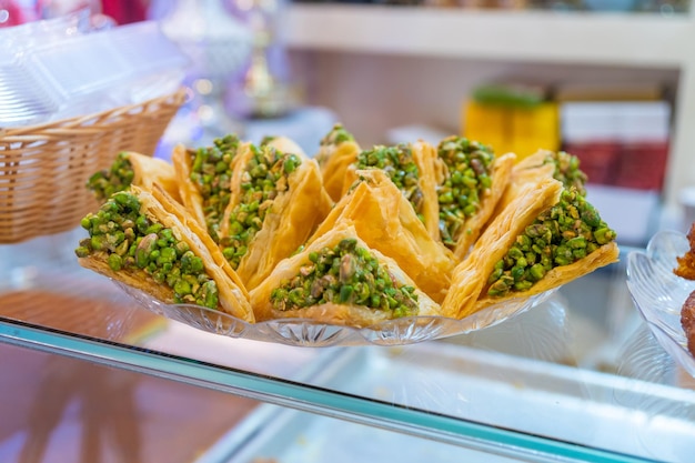 Pieces of Turkish or arabic traditional delicious oriental dessert pahlava