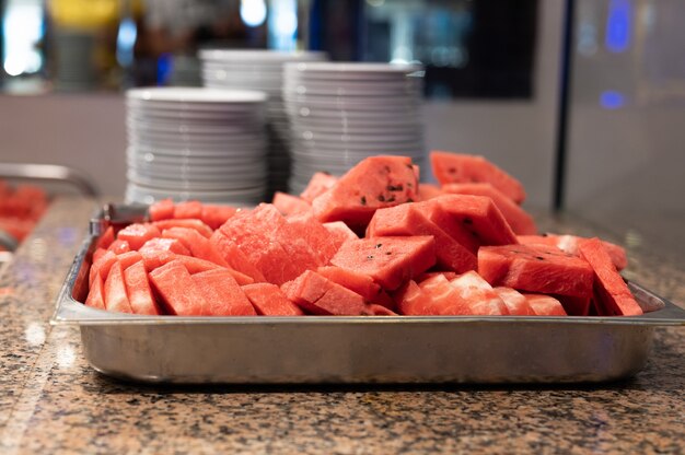 A pieces of watermelon in the dish. High quality photo