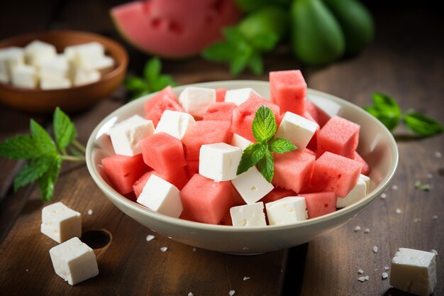 Pieces of watermelon and mozzarella in bowl