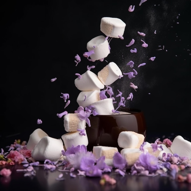 pieces of white marshmallows fall in the air and purple violet flowers on a black background