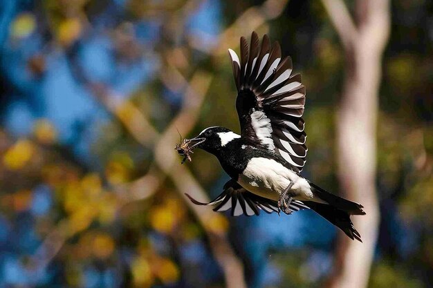 A pied flycatcher catching insects mid flight