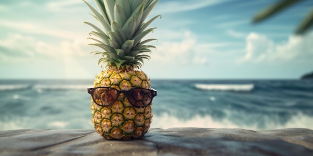 Pienapple con occhiali da sole sullo sfondo estivo del mare tropicale ia generativa