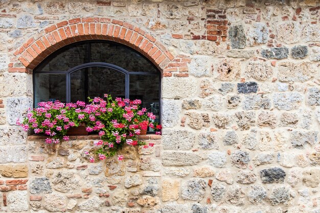 Pienza, Tuscany region, Italy. Old window with flowers