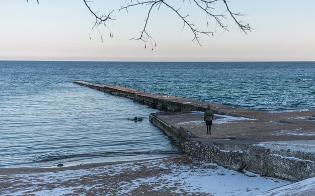 Pier sulla spiaggia in giornata invernale