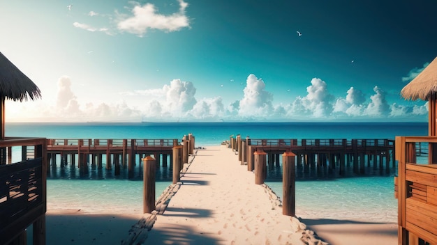 A pier on a beach with the sun shining on it.