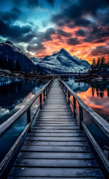 Photo a pier by a lake in the mountains