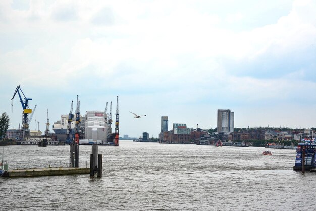 Pier by sea against buildings in city against sky