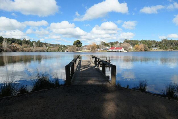 Pier over lake against sky