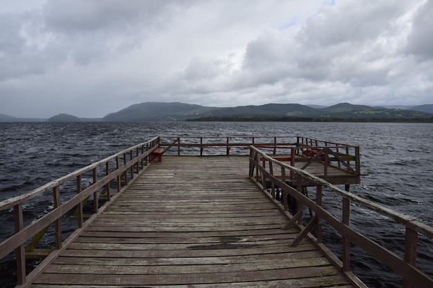 Pier over lake Huillinco from which the naturalist Charles Darwin left on his journey through different lakes Chile