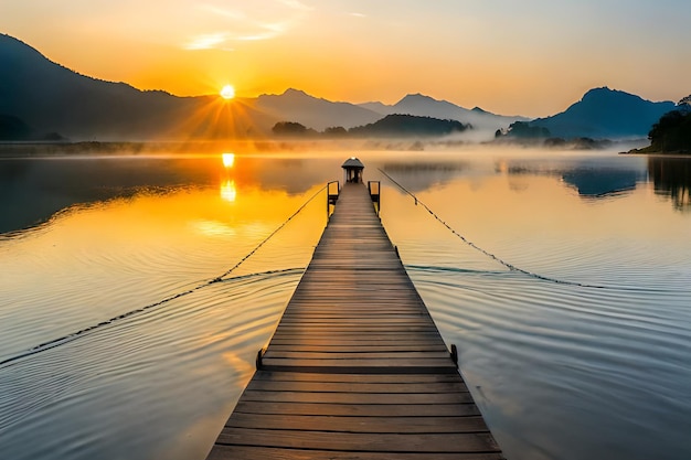 A pier on a lake with the sun setting behind it