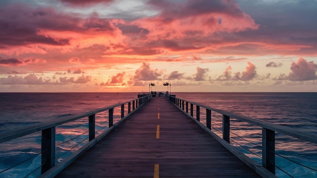 Photo pier leading to the breathtaking sunset reflecting in the ocean in bonaire caribbean