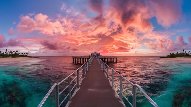 Photo pier leading to the breathtaking sunset reflecting in the ocean in bonaire caribbean