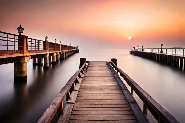 pier met een zonsondergang en een pier op de achtergrond