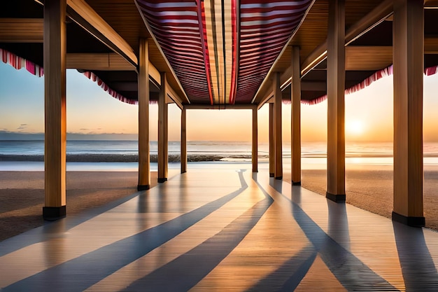Under a pier at sunset