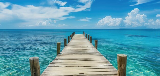 a pier with a blue sky and the ocean in the background