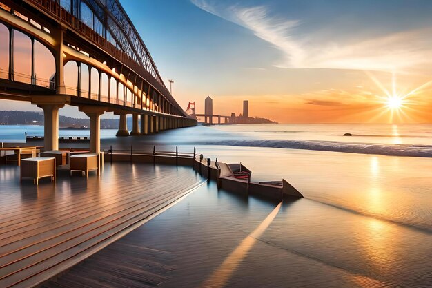 A pier with a bridge in the background