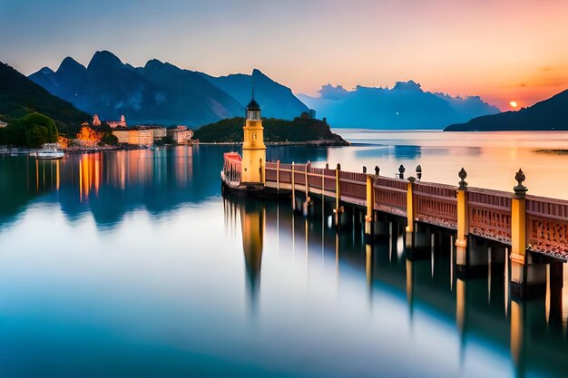 Photo a pier with a bridge and a sunset in the background