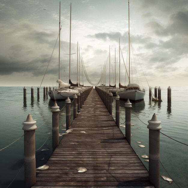 A pier with a few sailboats on it and the sky is cloudy.