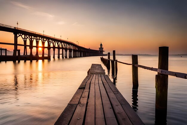 A pier with a lighthouse in the background