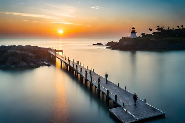 a pier with a lighthouse on the horizon and a sunset in the background