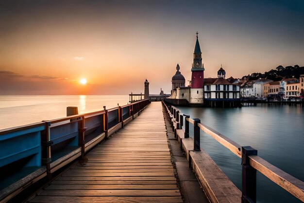 A pier with the sun setting behind it