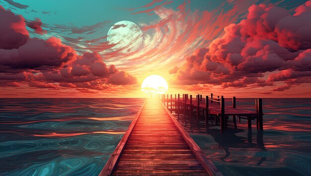 a pier with a sun setting over the ocean