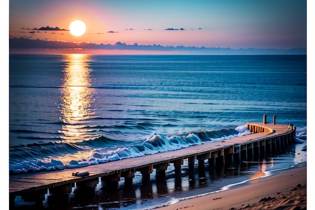 A pier with the sun setting over the ocean