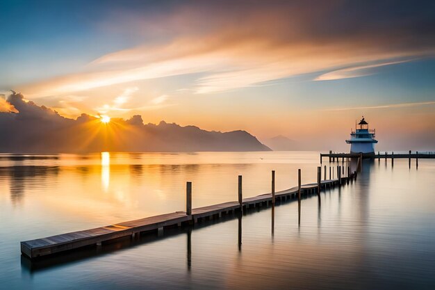 a pier with a sunset in the background and a boat in the water